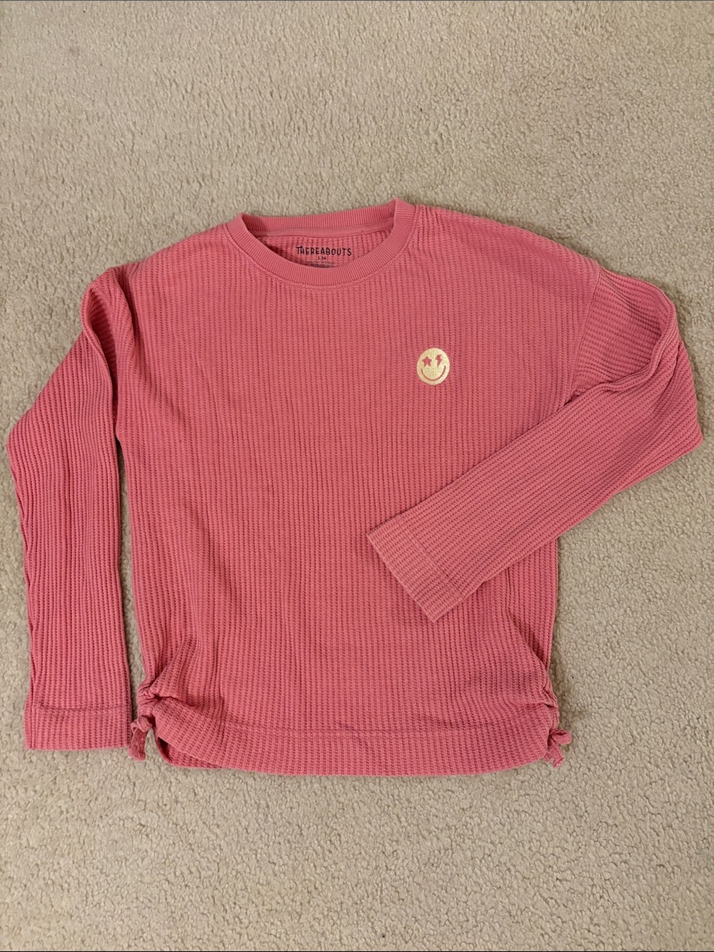 Girls' Pink Waffle-Knit Long Sleeve Top with Smiley Patch